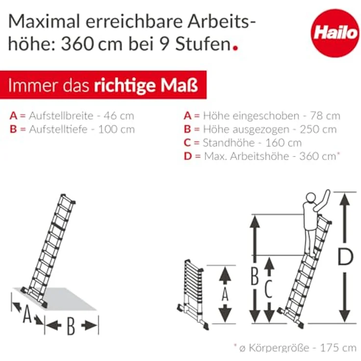 Hailo Teleskop-Anlegeleiter Aluminium, 9 Stufen, max. 150 kg, 265 cm, rutschfeste Sprossen, anodisierte Oberfläche, Einhand-Auslösesystem – Bild 8