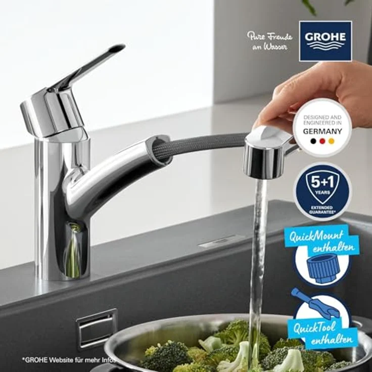 Grohe Küchenarmatur Start Einhebelmischer, QuickFix mit herausziehbarer Dual Spülbrause, chrom – Bild 5