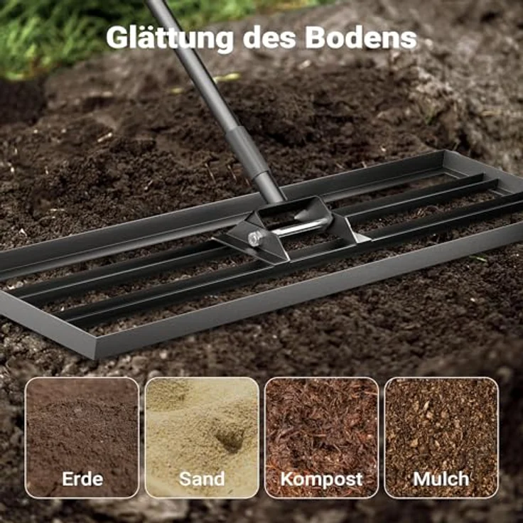 Wiltec Aluminium Rasenrakel 121,9 x 25,4 cm mit 2 m Stiel, Leveler Gartengerät zum Rasen sanden, Edelstahl Unebenheiten ausgleichen – Bild 5