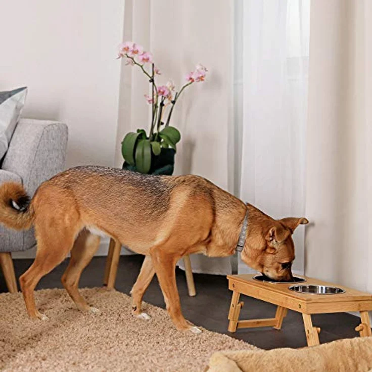 lionto höhenverstellbarer Hundenapf aus robustem Bambus, 45x23 cm, mit 2 spülmaschinenfesten Edelstahlnäpfen Ø 15 cm, je 700 ml, für gesunde Haltung und optimale Verdauung – Bild 3