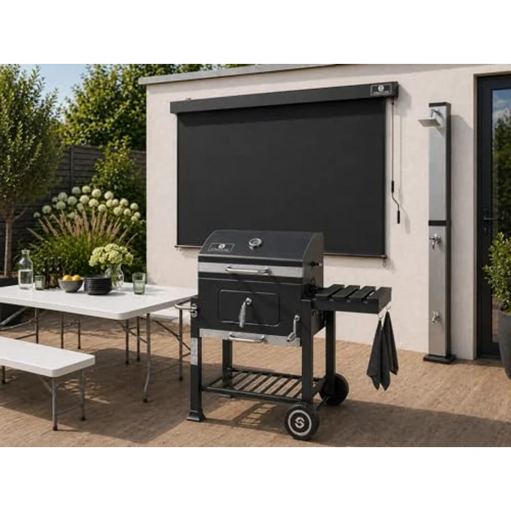 Strattore Holzkohlegrill / BBQ XL Grillwagen, schwarz, mit stufenlos verstellbarem Kohleeinsatz – Bild 10