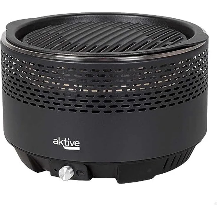 Aktive 63002 – Tragbarer Holzkohlegrill, wiederaufladbar, ohne Rauch, Schwarz, auslaufsicher, inklusive Tragetasche, Backen im Inneren, Grill, Maße Ø34 x 21,5 cm