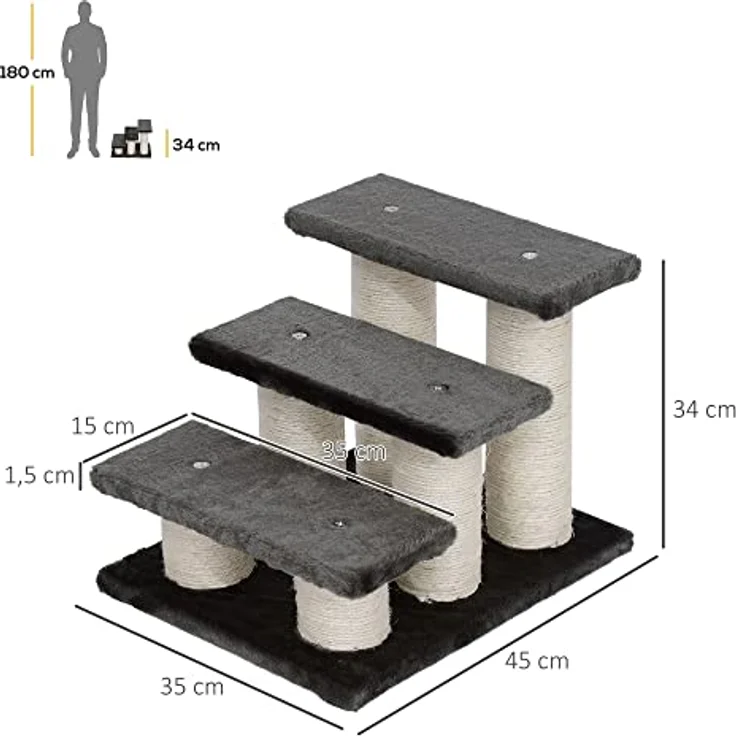 PawHut Tiertreppe Katzentreppe 3 Stufen Hundetreppe Treppe für Katze und Hunde Plüsch Dunkelgrau 45 x 35 x 34 cm – Bild 3