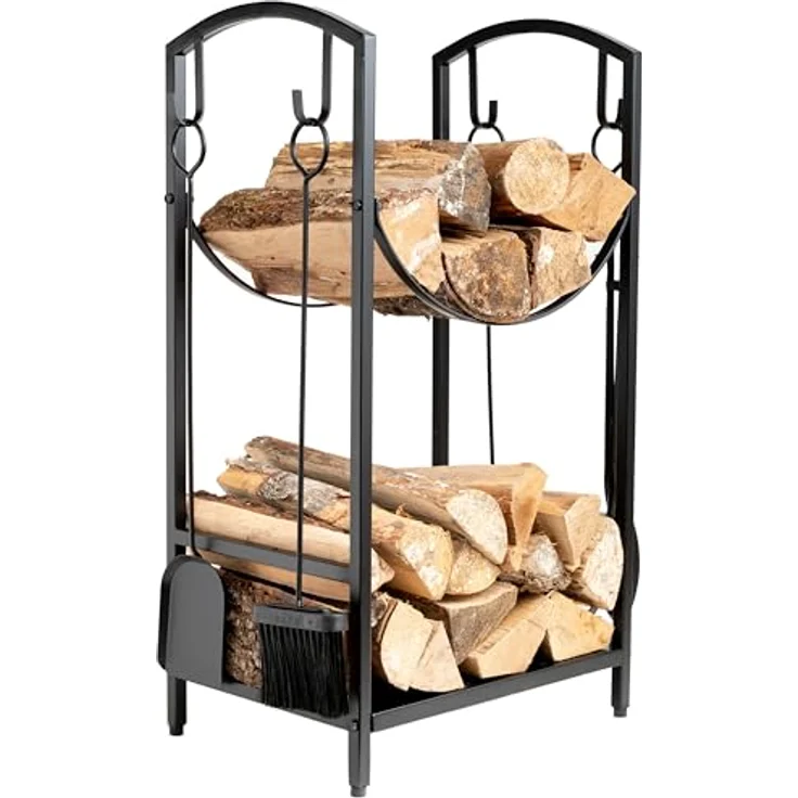 Neustein Kaminholzregal mit 4-teiligem Kaminbesteck, 75x30x40cm, aus pulverbeschichtetem Metall in Schwarz, stabil und platzsparend – Bild 1