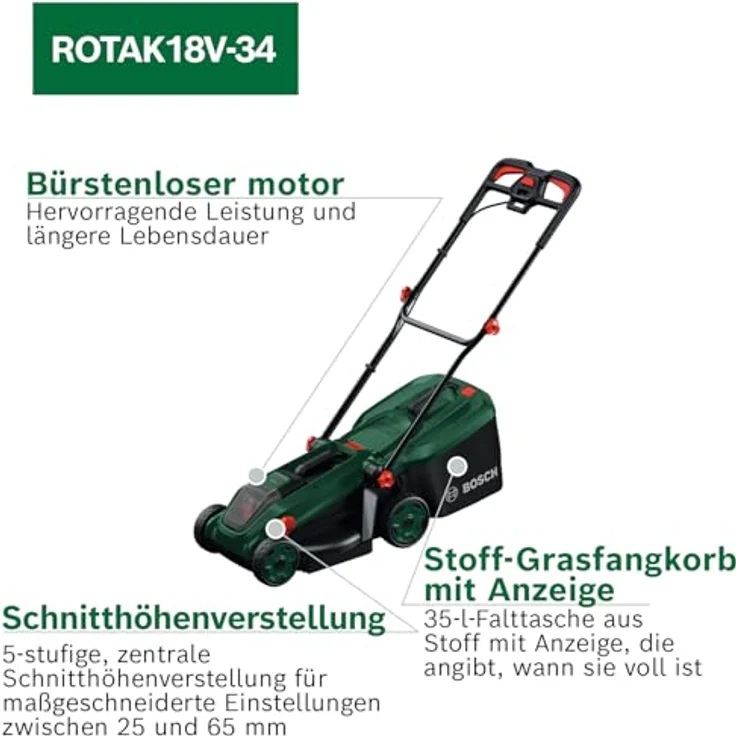 Bosch Akku-Rasenmäher Rotak18V-34 Solo, 34 cm Schnittbreite, bürstenloser Motor, 3-in-1-Funktionalität, ohne Akku und Ladegerät – Bild 4