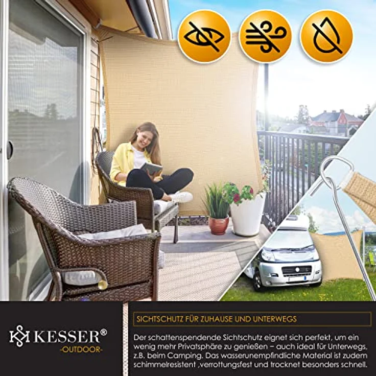 KESSER Sonnensegel Sonnenschutz Windschutz HDPE Gewebe wasserabweisend & windabweisend 5-Fach quer vernäht robust & stabil Schattenspender Garten Balkon Terrasse Rechteck, Sand, 2x4m – Bild 5