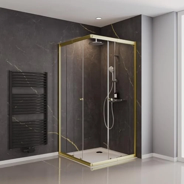 Schulte Duschkabine Sunny Eckeinstieg mit Schiebetüren, 180 cm hoch, variabel montierbar (75x75, 80x80, 90x90, 75x90 cm), 4 mm Sicherheitsglas, Goldoptik matt S1 – Bild 2