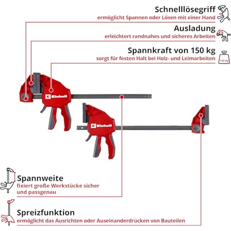 Einhell Einhandzwinge 930120, Set mit 2 Zwingen, Spannkraft 150 kg, Spannweite 300 mm, Werkzeugfreier Umbau zum Spreizen, gummierte Griffe, schwarz/rot – Bild 2