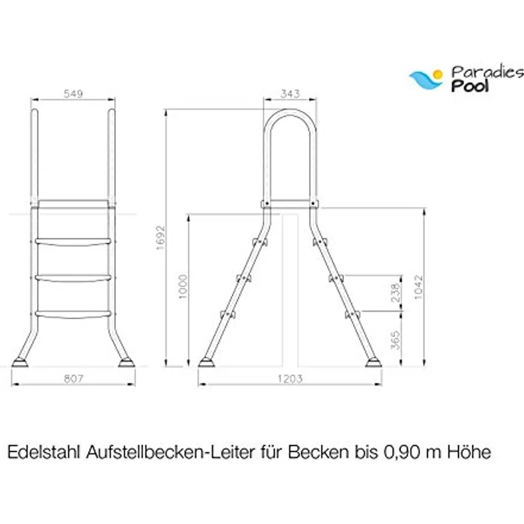 BWT myPOOL Edelstahl Hochbeckenleiter 0,90/1,00 m, Hoch-/Halbhochbeckenleiter mit Plattform und stabiler Ausführung, Ø Holm 43 mm – Bild 2