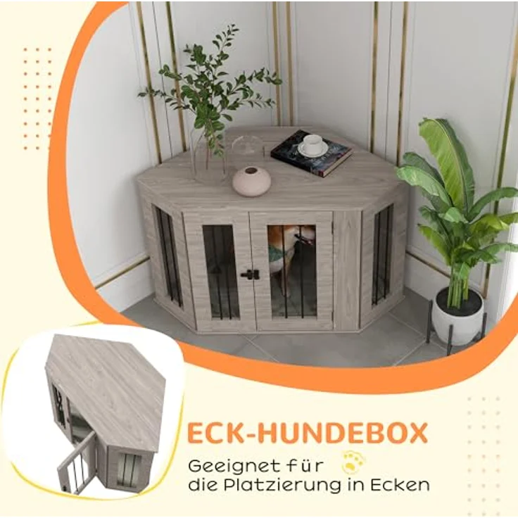 PawHut Hundekäfig, Eckige Hundehütte Hundebox mit Kissen, Hundehaus mit Türriegel, Haustierkäfig für mittelgroße Hunde, Walnuss, 104 x 55 x 63 cm – Bild 4