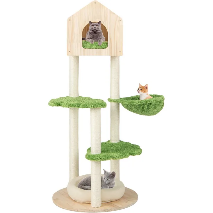 KOMFOTTEU Kratzbaum, 139cm Katzenkratzbaum mit weicher Plüschoberfläche, Grün & Beige