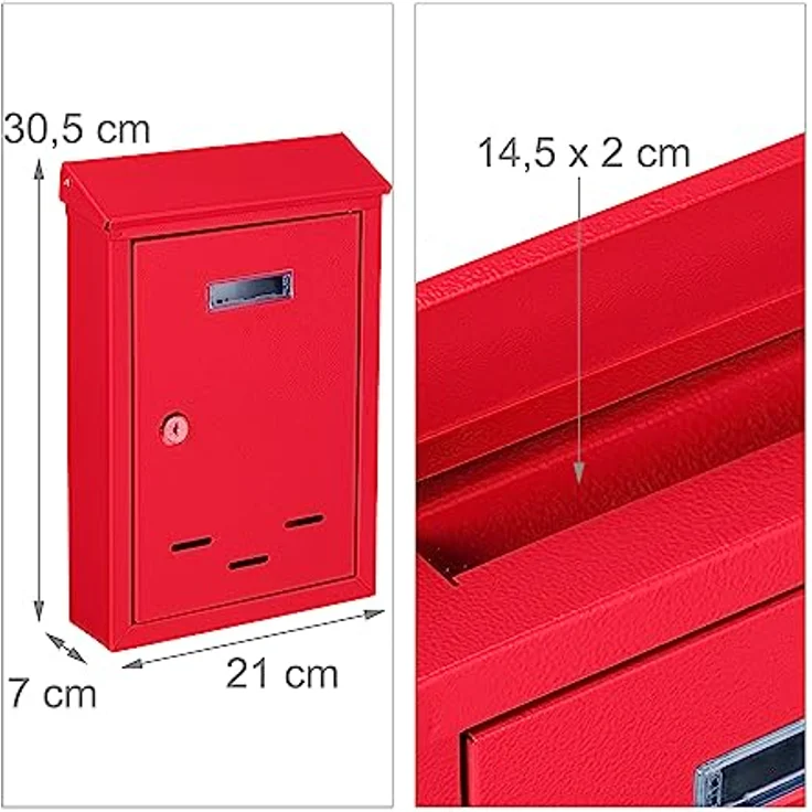 Relaxdays Briefkasten mit Namensschild, aus Metall, mit 2 Schlüsseln, Postkasten schmal, HxBxT: 30,5 x 21 x 7 cm, rot, 1 Stück – Bild 4