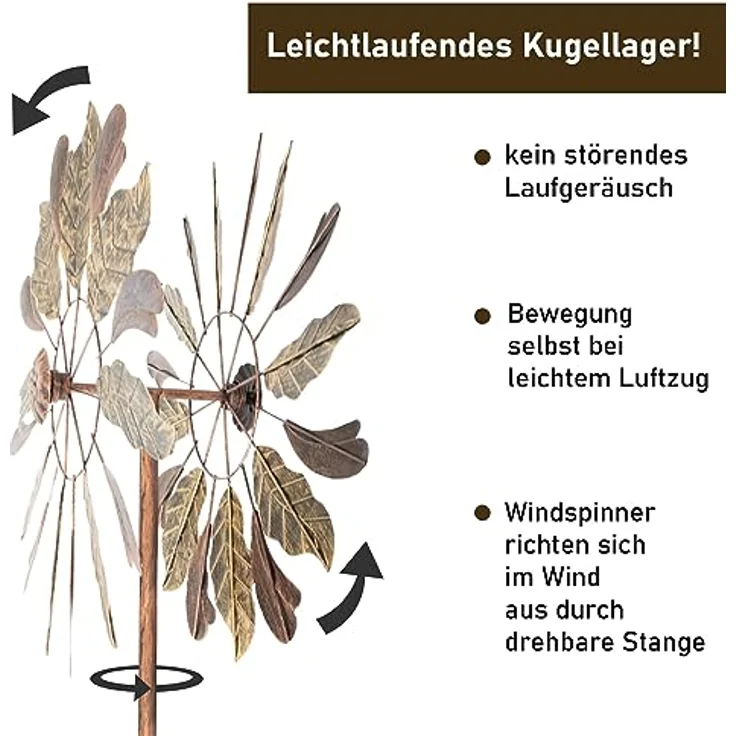 LEMODO Windrad Leaves mit gegenläufigen Rotoren | Gartendeko 213 cm hoch | Windmühle in Kupferoptik | Windskulptur mit Charme | Gartenstecker als Garten-Highlight – Bild 2