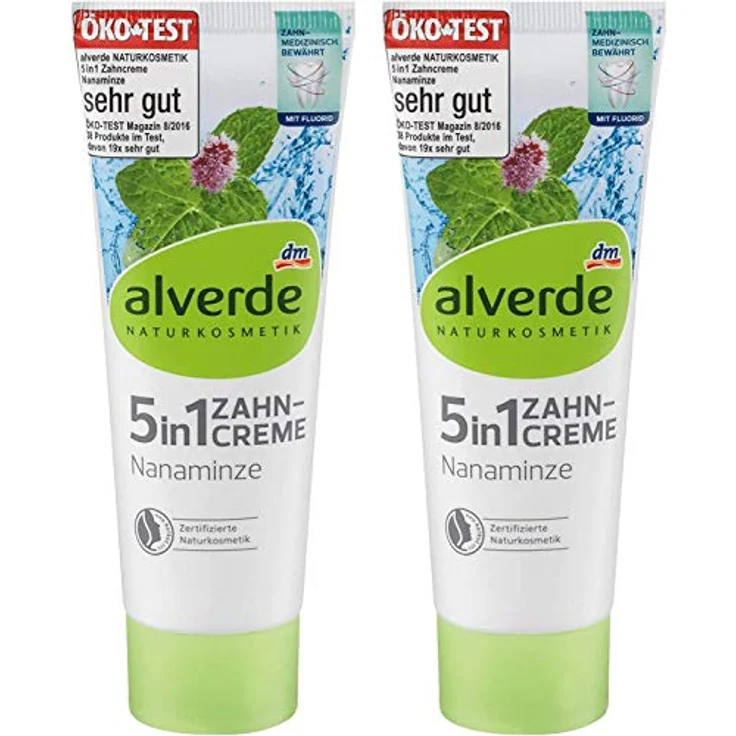 Alverde NATURKOSMETIK Zahnpasta 5in1 Nanaminze, 2 x 75 ml Zahncreme für frischen Atem – Bild 1