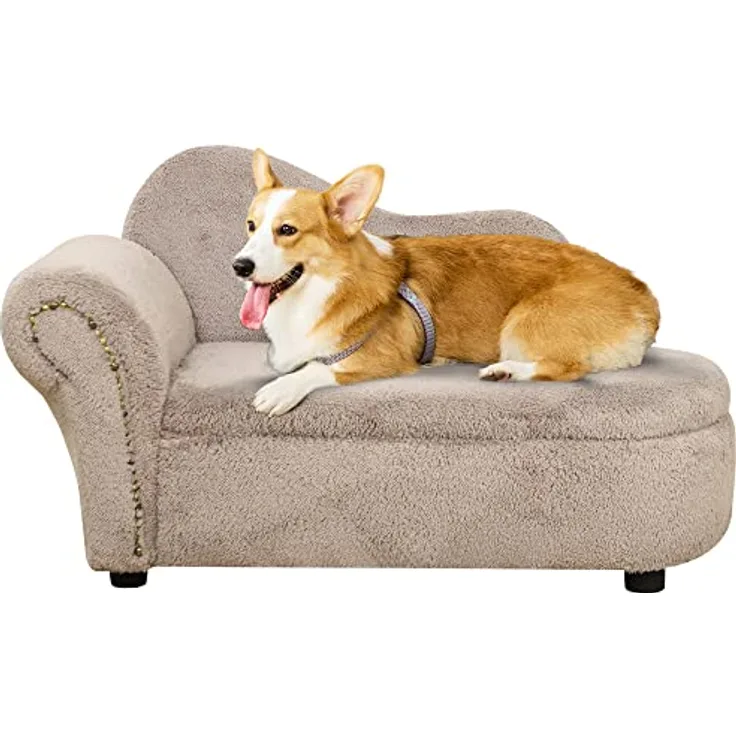PawHut Hundesofa, Haustiersofa mit Samtoptik, Hundecouch Katzensofa Hundesessel mit Holzbeine, Haustierbett mit Stauraum, Beige, 80 x 40 x 46 cm