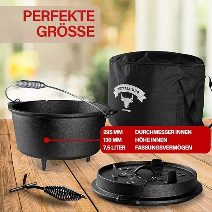 LAVUR BBQ Feuertopf 7,5 L Dutch Oven, Eingebrannter Gusseisentopf für Kochen, Braten & Grillen, Ideal für Camping, Inkl. Deckelheber, Tragetasche & 2in1 Gusseisendeckel – Bild 2