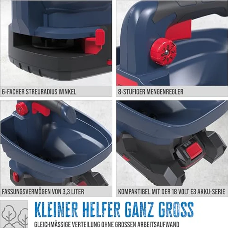 Güde Akku Universalstreuer GUS 18-201-05 (18 V, Li-Ion, 5 m Streubreite, 6 Geschwindigkeitsstufen, 8 Streumengenstufen, 6 Streubreitenwinkel, 3,3 Liter Fassungsverm., inkl. 2 Ah Akkupack & Ladegerät) – Bild 4