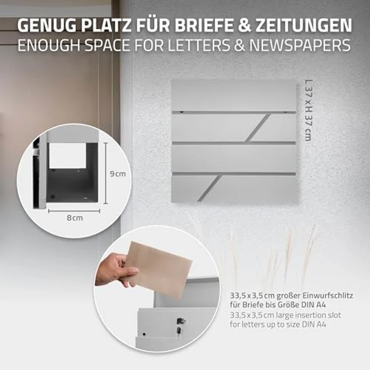 Briefkasten mit Zeitungsfach hellGrau 37x11x37 cm aus Edelstahl – Bild 5