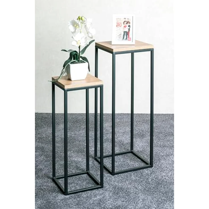 HAKU Blumenständer Haku Blumenständer / Blumensäule 2er-Set schwarz-eiche, elegantes Design aus Stahlrohr und Eiche-Dekor – Bild 3