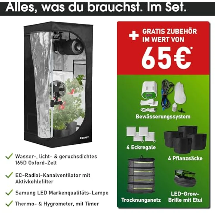 BRAST Growzelt GrowBox Komplettset 60x60x140cm, Vollspektrum LED Technologie, Belüftungs- & Bewässerungssystem, licht- und wasserdicht – Bild 3