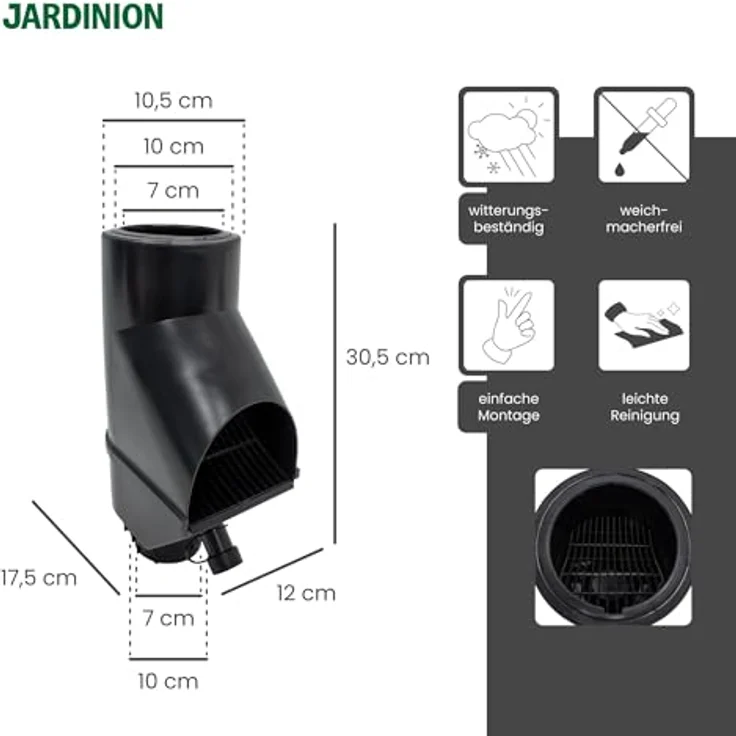 Jardinion Regenwasserfilter Laubabscheider für Fallrohre DN75/DN85, 30,5 x 12 x 17,5cm, Schwarz mit Überlaufstop und UV-beständiger Klappe – Bild 2