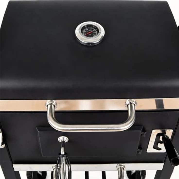 LQWELL Grillwagen, Holzkohlegrill BBQ Smoker Trolley mit Deckel, Edelstahlgriff, Thermometer und Rädern, Maße L109 x W54 x H94.5 cm, Schwarz – Bild 4