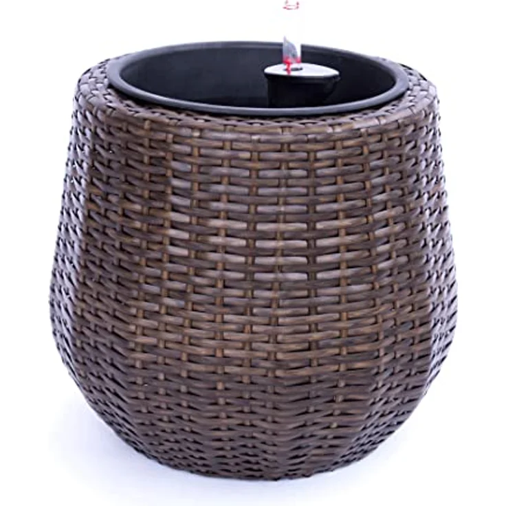 Elegant Einrichten Übertopf, runder Pflanzkübel aus Polyrattan, mocca farben, 35x32 cm, UV-beständig, frostsicher – Bild 6