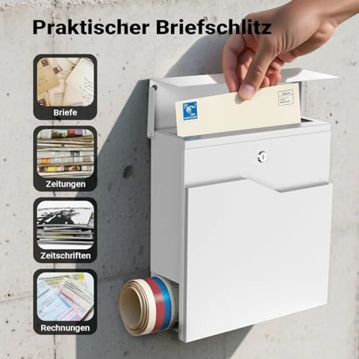 Moderner Design Briefkasten V19 Weiß Wandbriefkasten pulverbeschichtet Zeitungsrolle – Bild 5