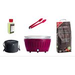 LotusGrill Starter-Set 1x XL Grill Pflaumenlila mit USB-Anschluß, 1x Buchenholzkohle 2,5 kg, 1x Brennpaste 200ml, 1x Zange, 1x Transport-Tragetasche XL - Der raucharme Holzkohlegrill