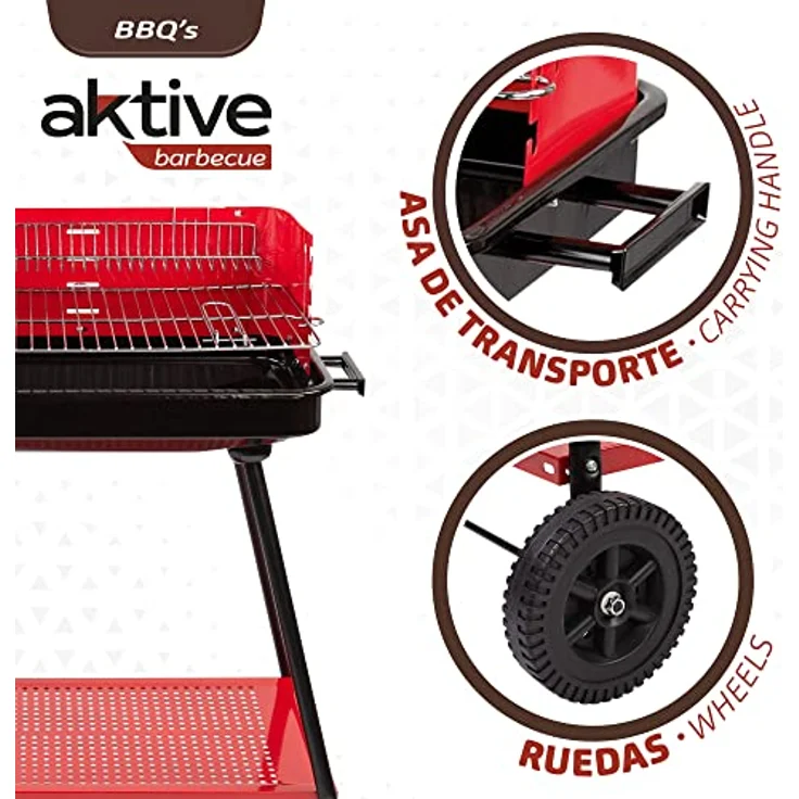 AKTIVE 52898 Holzkohlegrill, rechteckig, 66 x 44 x 85 cm, 4 Höhenverstellbar, Platz für 6 Personen, 2 Rollen für einfachen Transport, Aschetank – Bild 3