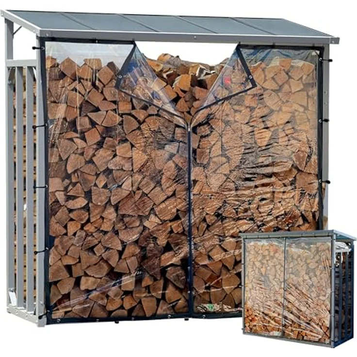QUICK STAR Aluminium Kaminholzregal 143 x 70 x 145 cm, wetterfest mit Wetterschutz, grau, Kapazität 1,4 m³, ideal zum Lagern und Trocknen von Brennholz – Bild 1
