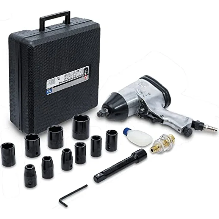 BGS TECHNIC Druckluft-Schlagschrauber 12,5 mm (1/2') mit 16-tlg. Werkzeugsatz, 312 Nm, Hobby-Einsatz, max. 7000 U/min, 4,066 kg