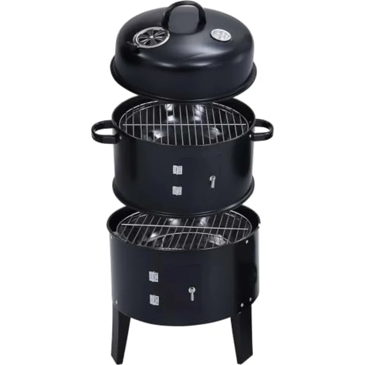 vidaXL Outdoor Grill Ø 40 x 80 cm, Kohlegrill aus Stahl Schwarz mit 3-in-1 Funktion und zwei Grillrosten – Bild 8