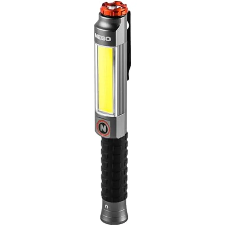 NEBO Big Larry 3, 600 Lumen LED-Taschenlampe mit COB-Arbeitslicht, dimmbar, Stahlgrau, Magnetfuß und Clip für freihändiges Leuchten