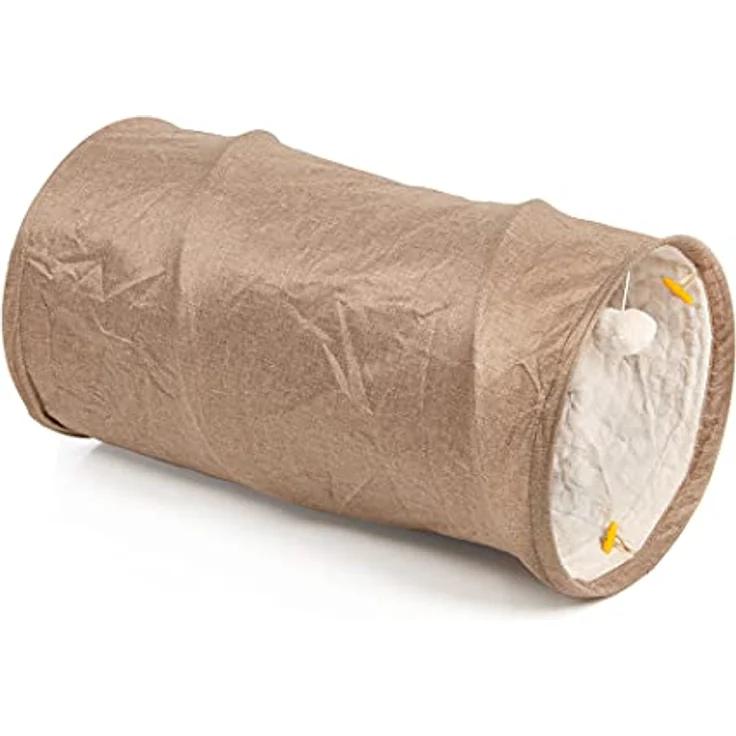 CanadianCat Company | Spieltunnel für Katzen mit Kuschelfell | beige | ca. 35 x 70 cm - Variable Form, integriertes Katzenspielzeug – Bild 5