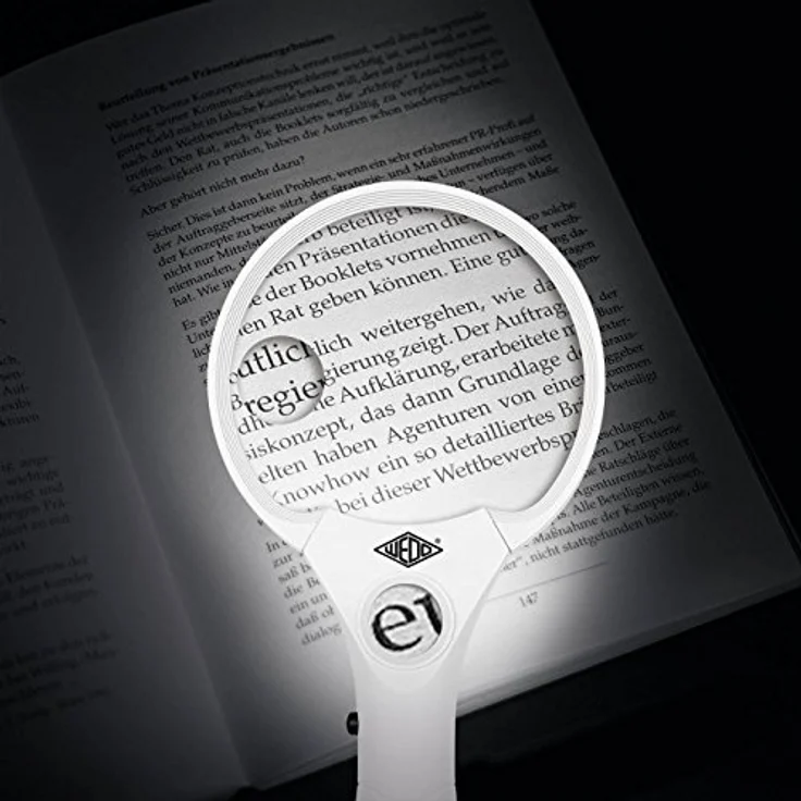 Wedo 2717550 Profi-Lupe Profi Lupe, 3 LEDs, 2,5x 4,5x 12x Vergrößerung, Linsen-Durchmesser 9 cm, ergonomischer Griff, inkl. Batterien, Weiß/Schwarz – Bild 2