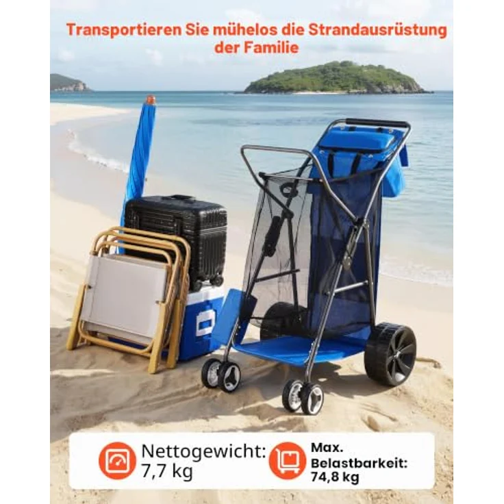 VEVOR Strandwagen Trolley mit Vollgummirädern (10 Zoll), faltbar, Isoliertasche & Schirmhalter, 75 kg belastbar für bis zu 4 Strandstühle - ideal für Camping & Angeln – Bild 2