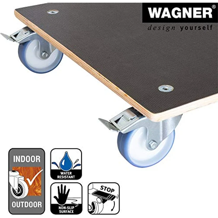 WAGNER Pflanzenroller Maxigrip 58 x 58 x 14,5 cm I Pflanzenroller für Außenbereich + Innenbereich I Transportroller aus Holz FSC I 2 Total-Feststeller I Tragkraft 300 kg I Made in Germany - 20135801 – Bild 4