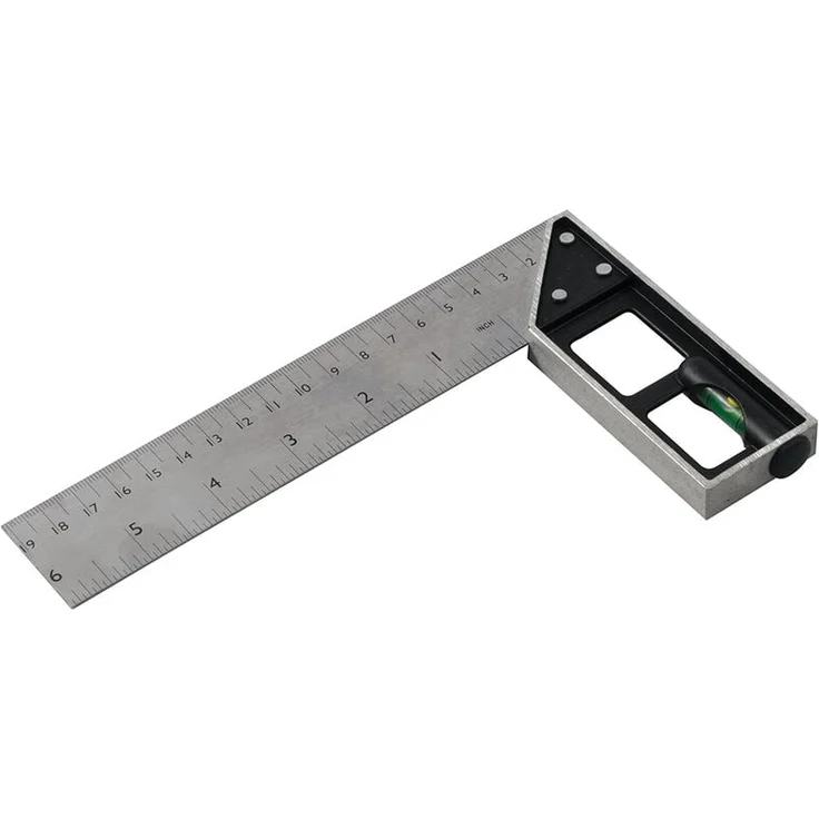 Silverline Anschlag- und Gehrungswinkel mit Wasserwaage 150 mm, Aluminiumguss in Mattglanz, Edelstahl-Linieal, metrische und zöllige Einteilungen