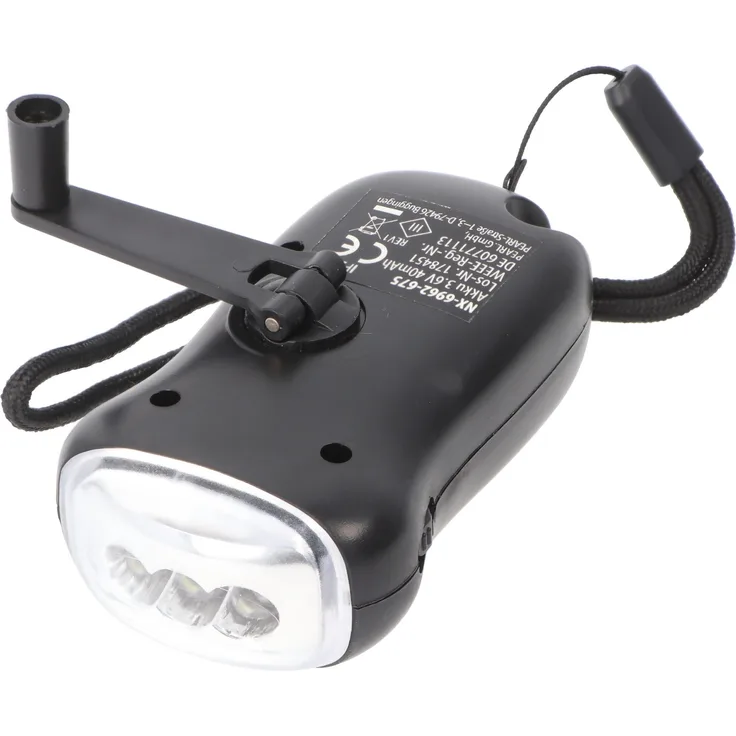 AccuCell LED Taschenlampe Dynamo Taschenlampe mit 3 LED, mit Ladekurbel, mit Solarladefunktion, 20 Lumen, schwarz