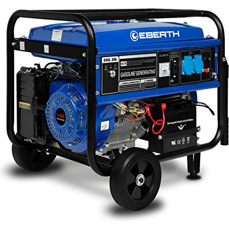 EBERTH GG1-ER5500E-1 Notstromaggregat, 5500 Watt Stromerzeuger mit 13 PS 4-Takt Benzinmotor, E-Start, Fahrwerk, 2x 230V und 1x 12V, AVR, 25L Tank – Bild 1