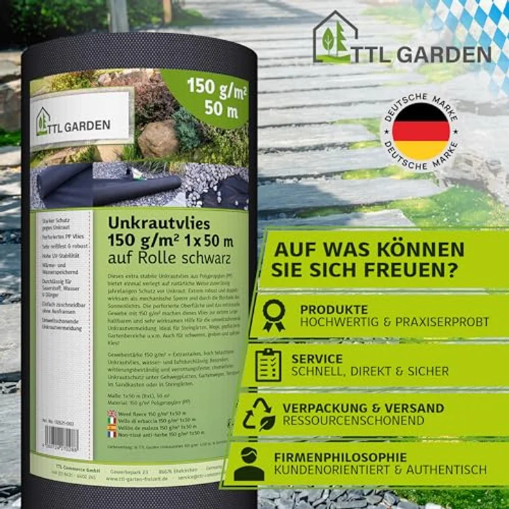 TTL Garden Gartenvlies 50 x 1 Meter 150g pro m² speziell gegen Unkraut - Unkrautvlies, Unkrautfolie, Vlies – Bild 8