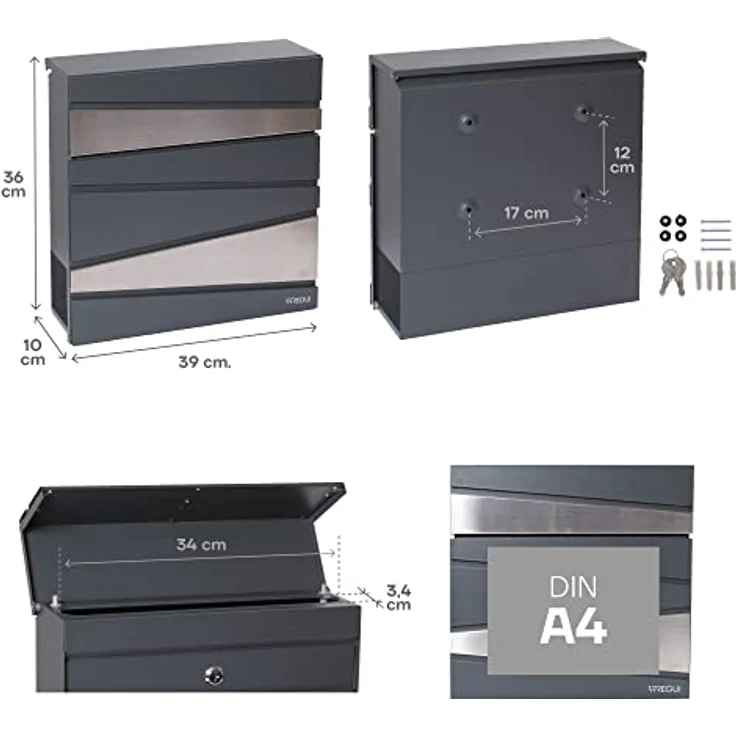 ARREGUI Armor E6905 Designer Briefkasten aus Verzinktem Stahl mit Zeitungsrolle, Postkasten + Zeitungsbox, Größe M (DIN A4), Moderner Wandbriefkasten mit Schutzklappe, Anthrazit Grau und Edelstahl – Bild 3