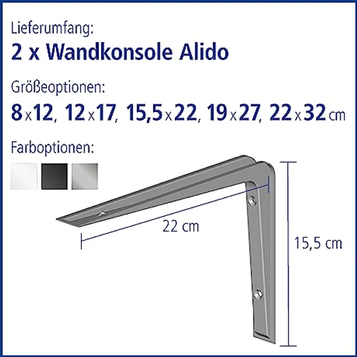 Element System 18133-00139 Regalkonsole Alido-Regalträger - 5 Größen - 3 Farben - 2 Stück-weißaluminium - 155 x 220 mm, 155x220 mm – Bild 3