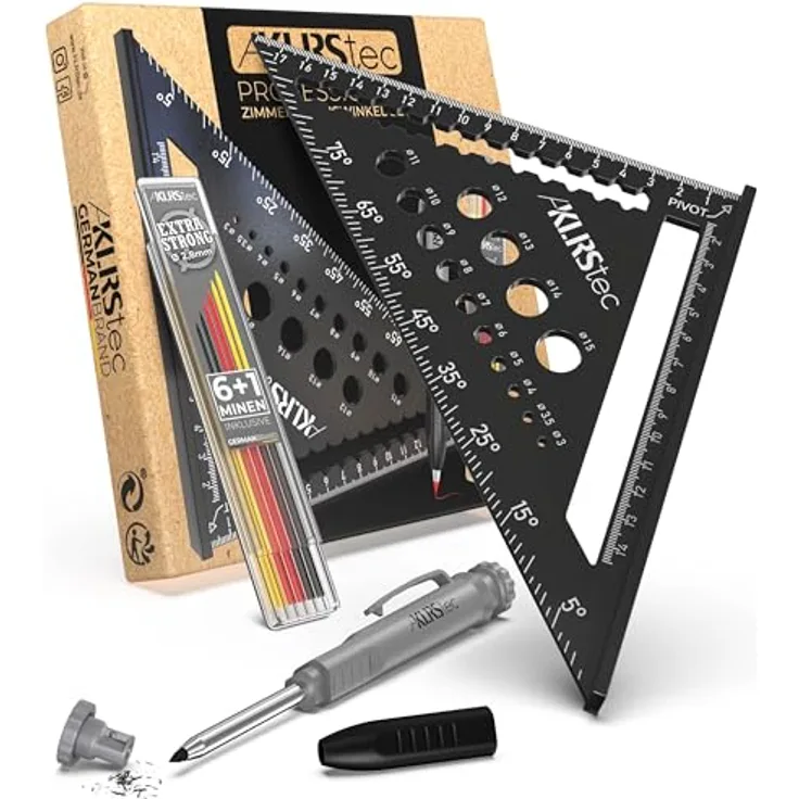 KLRS KLRStec Professional Zimmermannswinkel Set – Multifunktionswinkel inkl. Tieflochmarker, Metall Messwinkel Werkzeug-Set in Grau