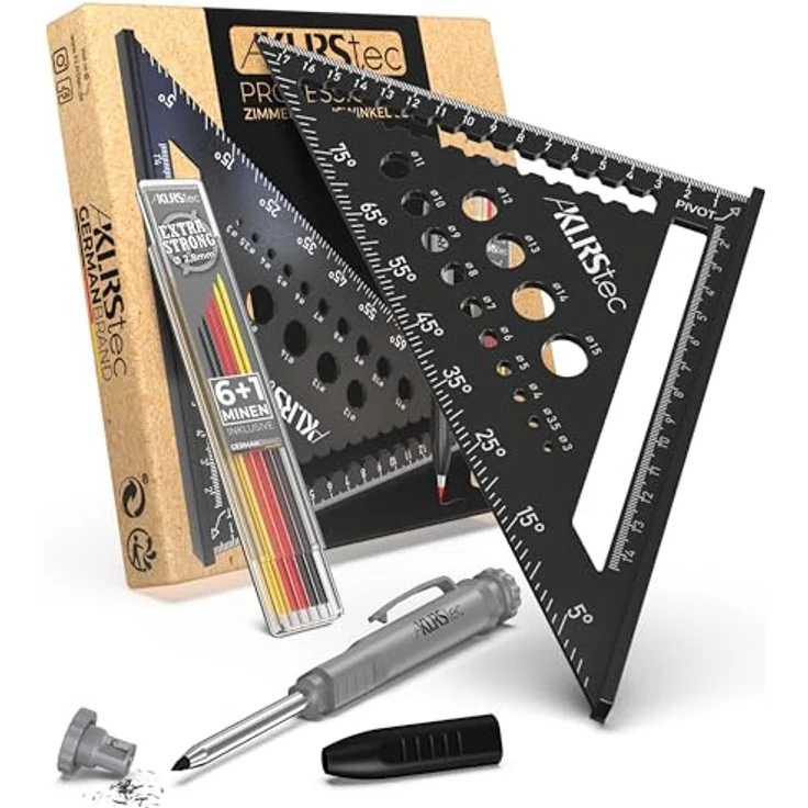 KLRS KLRStec Professional Zimmermannswinkel Set – Multifunktionswinkel inkl. Tieflochmarker, Metall Messwinkel Werkzeug-Set in Grau – Bild 1