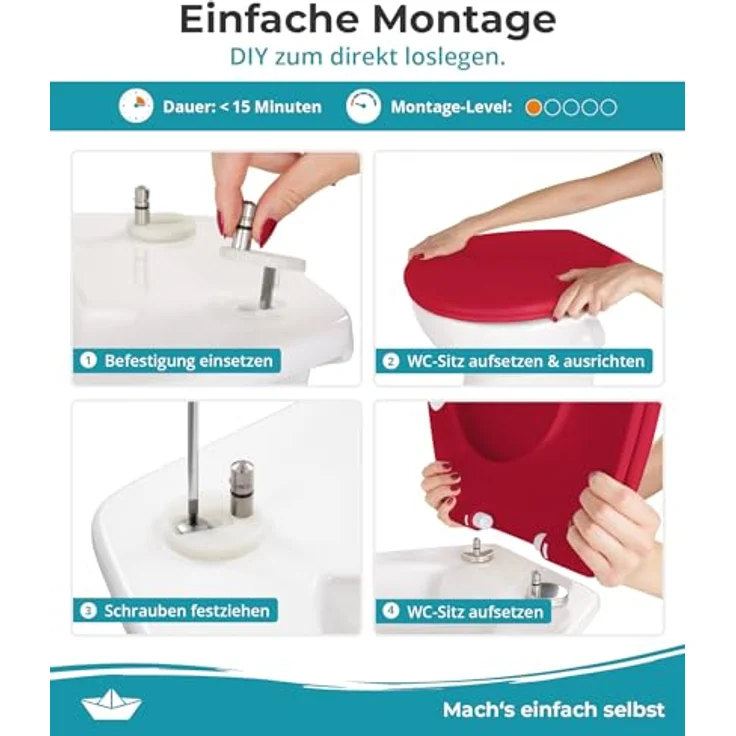 Calmwaters WC Sitz Premium Rot, Absenkautomatik, antibakteriell, abnehmbar, Duroplast, 250 kg Tragkraft, universale Standard-Form – Bild 2