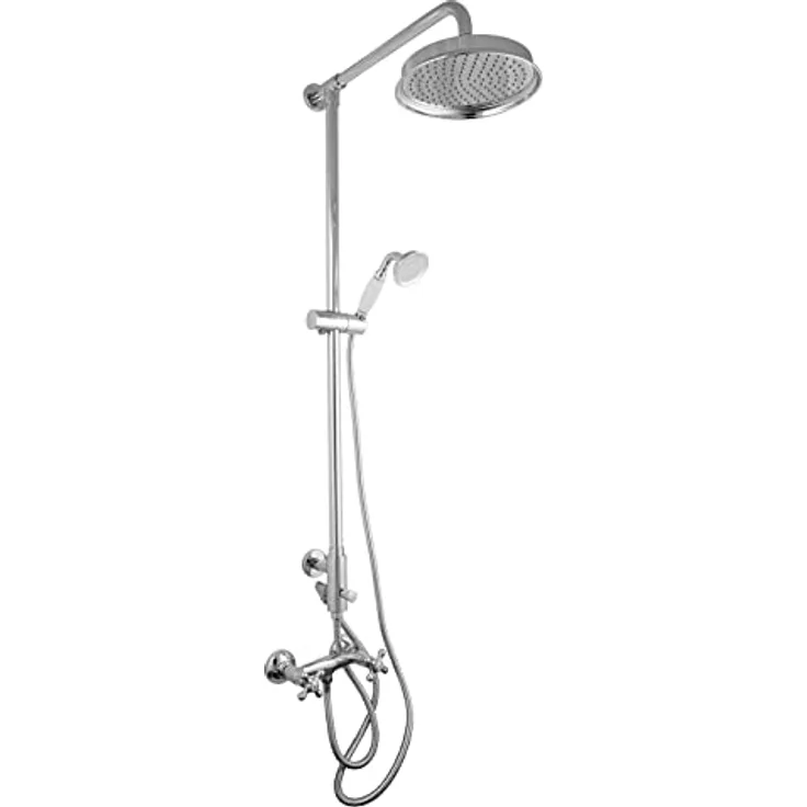 PaulGurkes Nostalgie Regenbrause Duschsystem Aufputz mit Kreuzgriff-Armatur Retro Landhausstil Nachrüsten Aufputzmontage Keramikgriff mit Bordüre Duschsäule Komplettdusche Brausesystem Duschsystem mit Regendusche