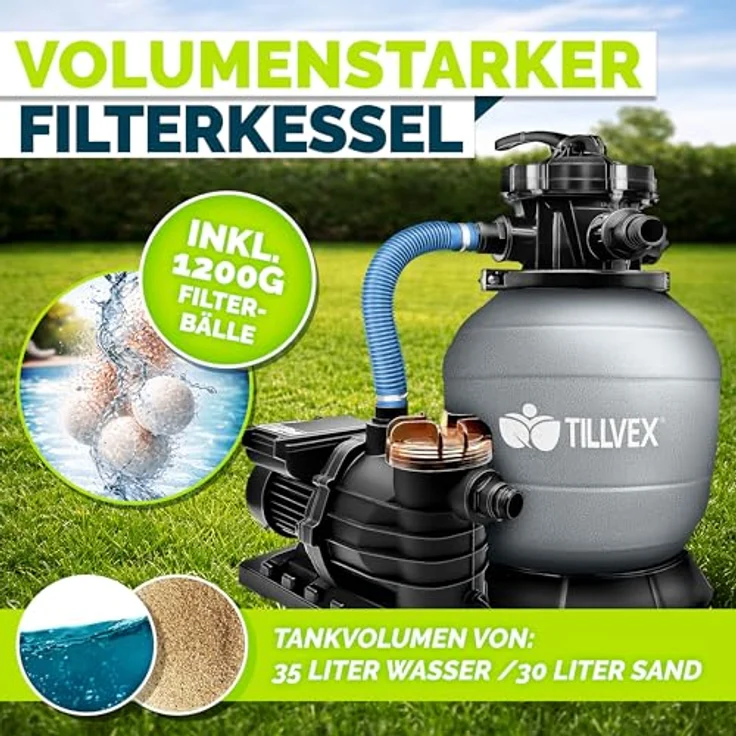 tillvex Sandfilteranlage 13.200L/h, selbstansaugend mit 1200g Filterbällen, 7-Wege Ventil und 2-in-1 Adapter Ø32-38mm für Pools bis 40.000L – Bild 7