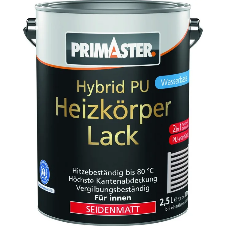 Primaster Hybrid PU-Heizkörperlack, seidenmatt, weiß, 2,5 L, hervorragende Deckkraft, umweltfreundlich